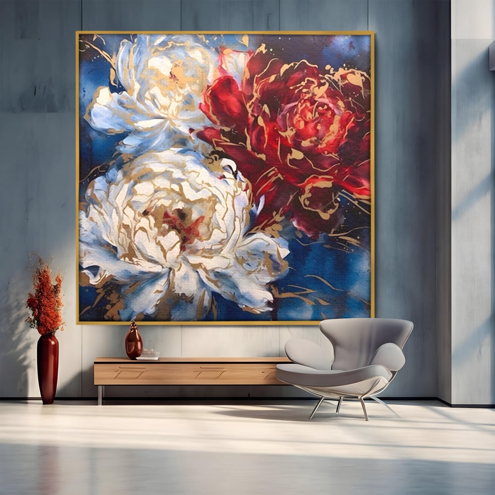 Tablou canvas cu tablou canvas cu trei bujori si foita aurie, in rama de aluminiu auriu